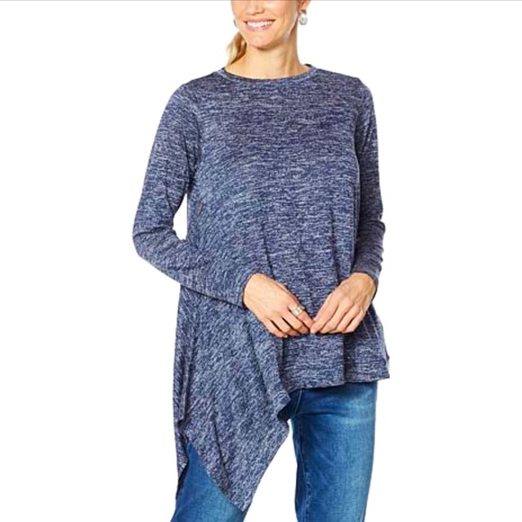 DG2 Diane Gilman asymmetrical tunic sweater medium women’s navy with metallic - Picture 1 of 5